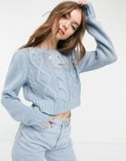 Vero Moda Cropped Cable Knit Sweater With Floral Embroidery In Blue-blues