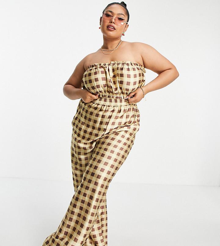 Collusion Plus Wide Leg Satin Pants In Green And Brown Plaid - Part Of A Set-multi