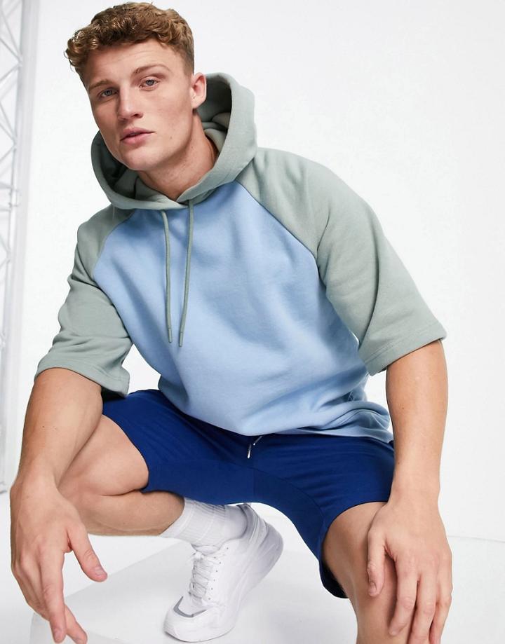 Topman Short Sleeve Raglan Hoodie In Green