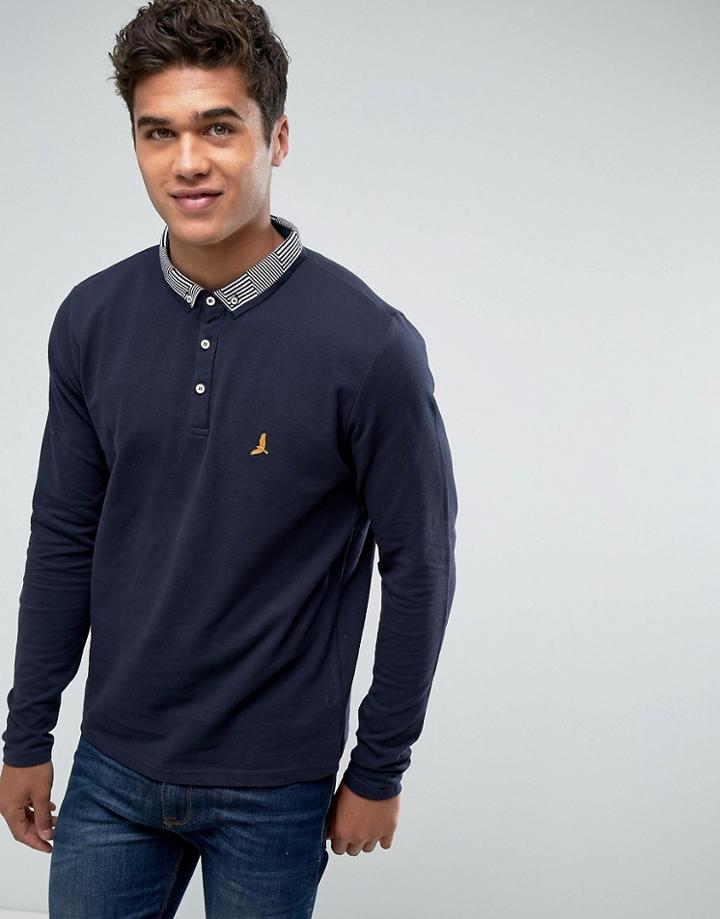 Brave Soul Long Sleeve Contrast Collar Polo Shirt - Navy