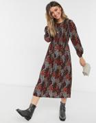 Pieces Midi Smock Dress With Puff Sleeves In Dark Red Floral-multi