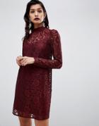 Asos Design Lace Shift Mini Dress With Long Sleeves-red