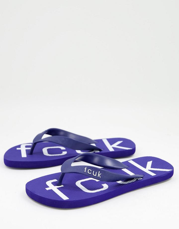 French Connection Fcuk Logo Flip Flops In Bright Blue And White-blues