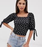 Asos Design Tall Crop Square Neck Top With Tie Cuff In Polka Dot - Black