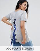 Asos Curve T-shirt With Lace Up Back Detail - Gray