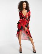 Topshop Satin Twist Front Floral Midi Dress In Red