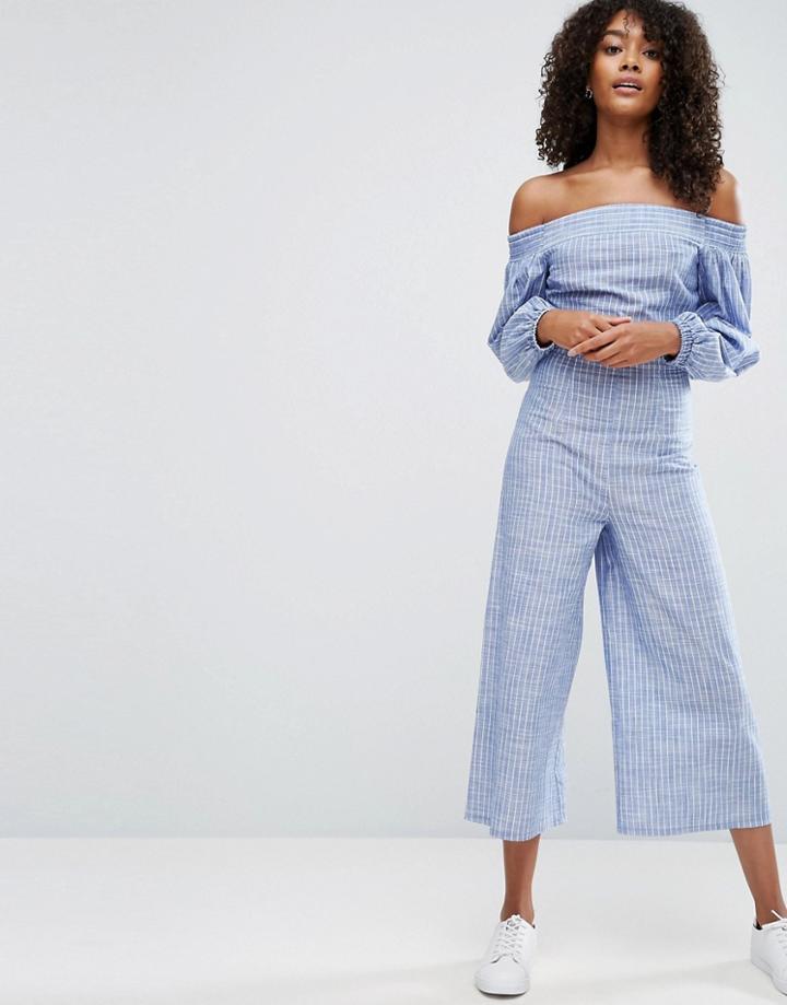 Asos Jumpsuit In Cotton Shirting And Stripe - Blue