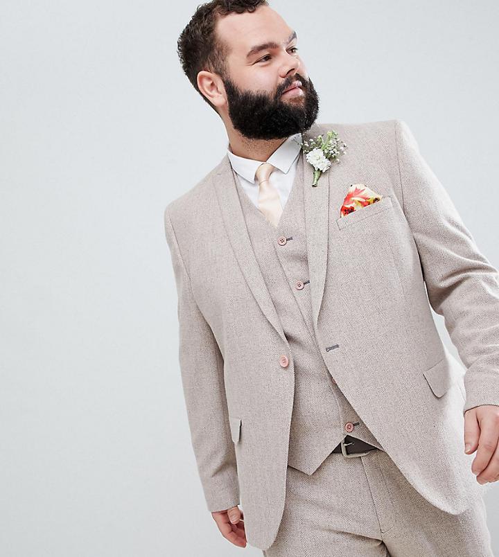 Asos Design Plus Wedding Skinny Suit Jacket In Dusky Pink Herringbone - Pink