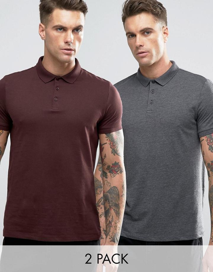 Asos 2 Pack Jersey Polo Shirt In Gray/burgundy - Multi