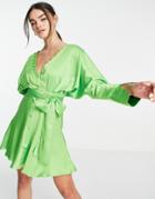 Asos Design Satin Batwing Mini Dress With Button Front Detail And Tie Front-green