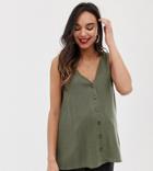 Asos Design Maternity Sleeveless Button Through Sun Top In Crinkle-green