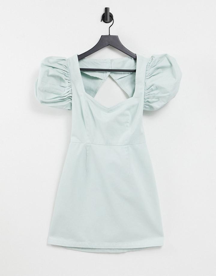 Asos Design Denim Dress With Extreme Puff Sleeves In Mint-green