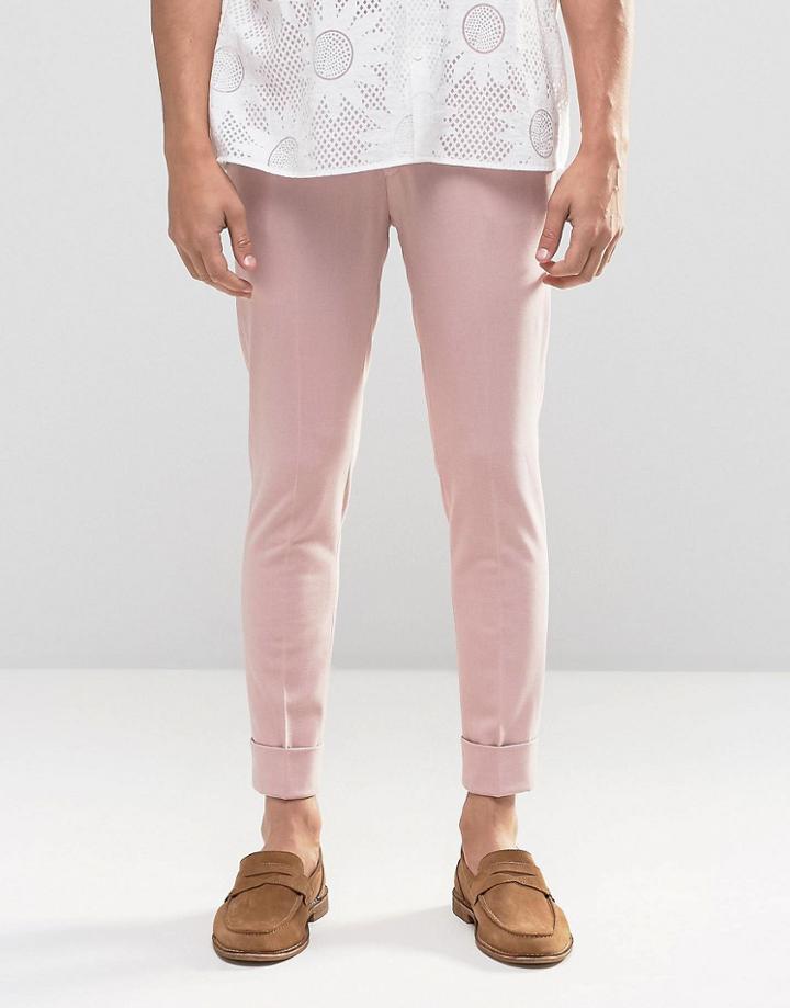 Asos Super Skinny Pants In Pink Jersey With Turn Up - Pink