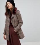 River Island Check Faux Fur Collar Coat - Multi