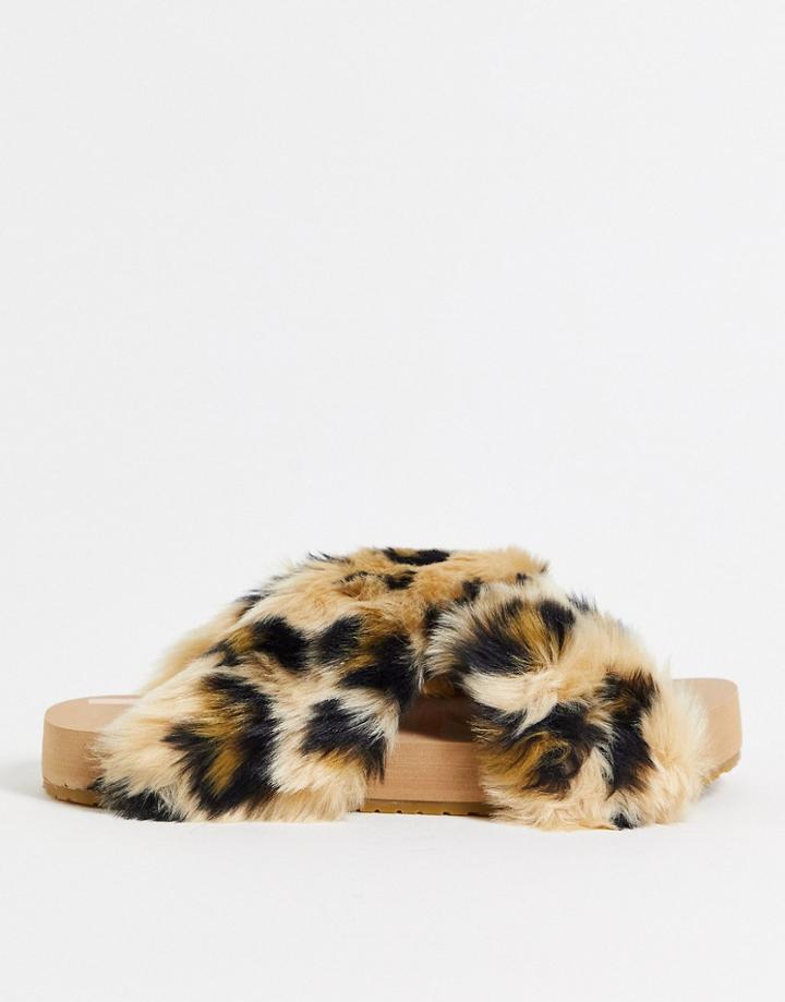 Toms Susie Vegan Cross Strap Faux Fur Slippers In Leopard-multi