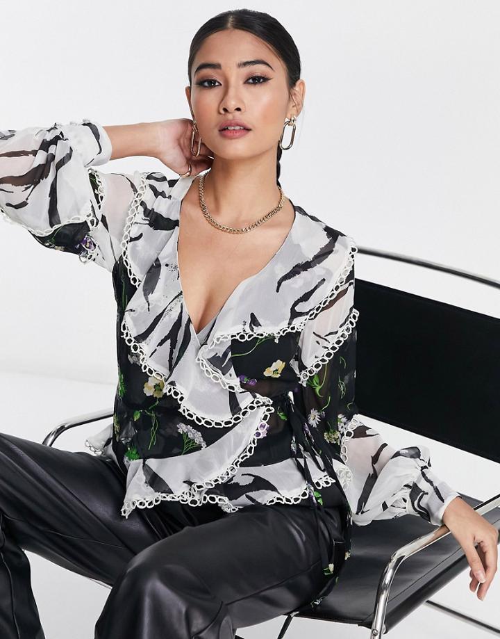 Asos Design Wrap Front Ruffle Blouse In Mixed Print With Lace Trim Detail-multi