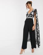 Frock & Frill Contrast Embroidery Cape Jumpsuit - Black