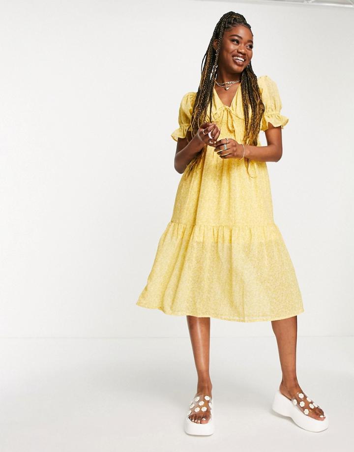 Influence Puff Sleeve Midi Dress In Yellow Floral