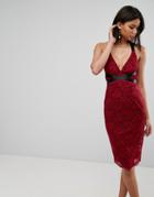 Asos Lace Pencil With Ribbon Ties Midi Dress-red