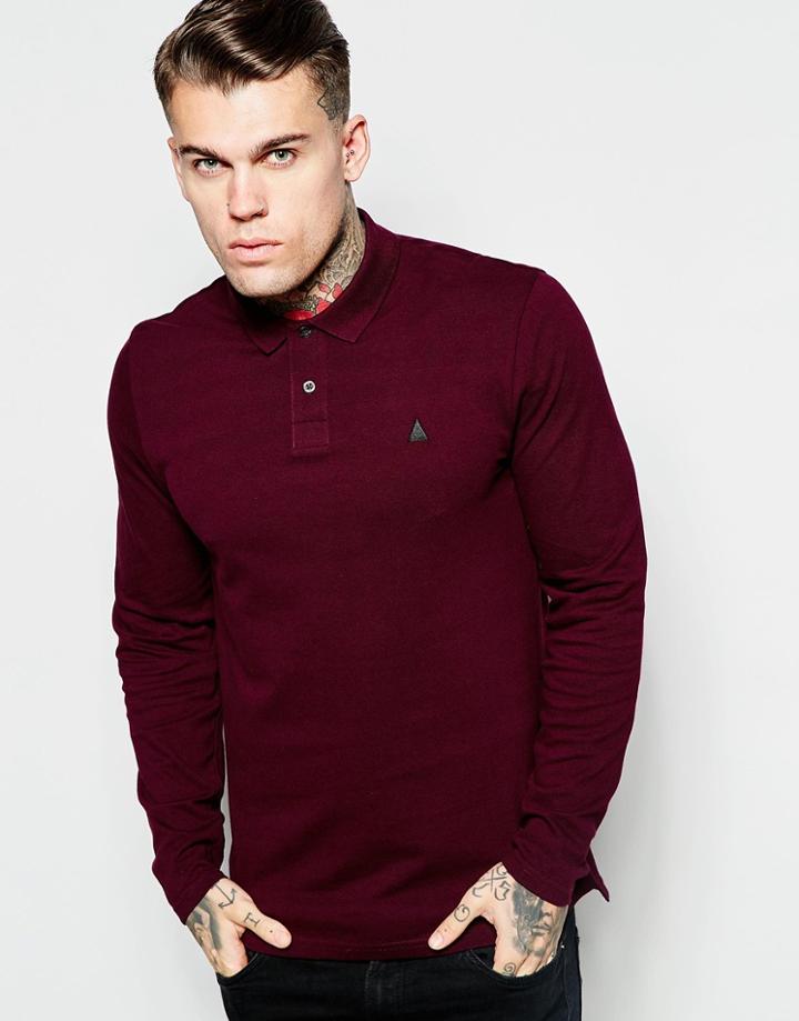 Asos Long Sleeve Pique Polo With Embroidery In Burgundy - Burgundy
