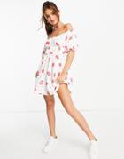 Asos Design Bardot Mini Dress In White With Lips Print-multi