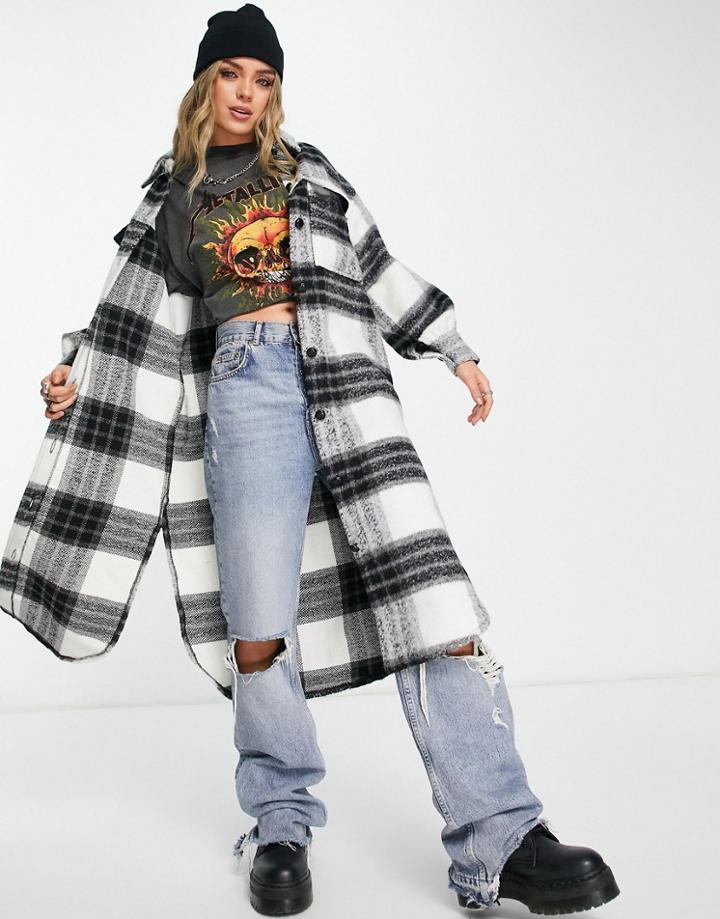 Violet Romance Longline Brushed Plaid Coat-black