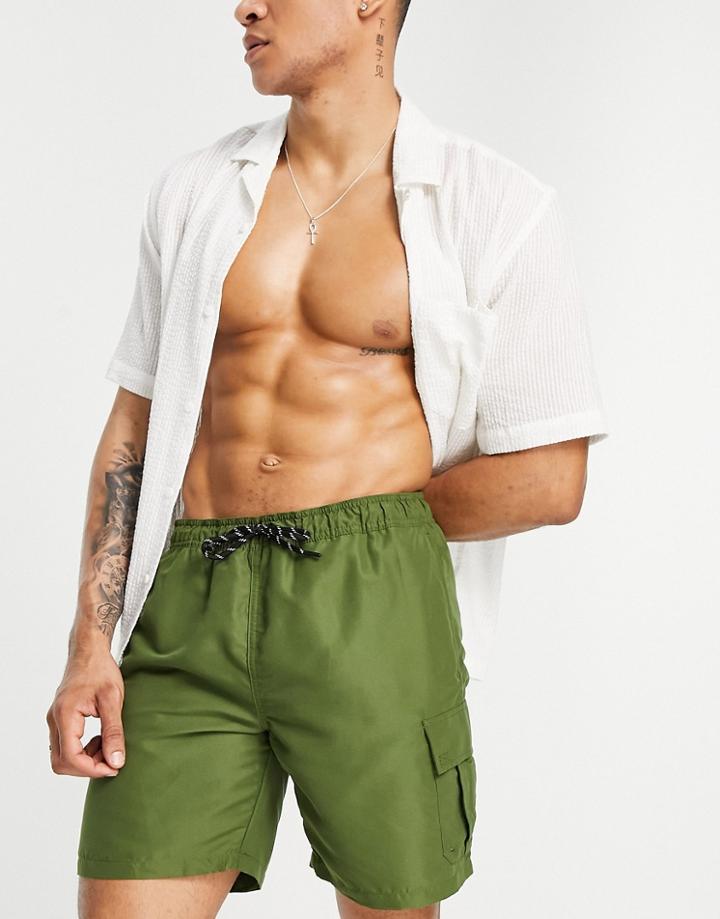 New Look Longer Length Swim Cargos In In Khaki-green