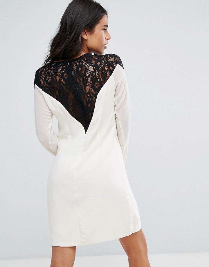 Little Mistress Lace Shoulder Long Sleeve Tunic Dress - Cream