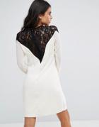 Little Mistress Lace Shoulder Long Sleeve Tunic Dress - Cream