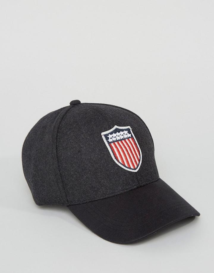 Asos Baseball Cap In Charcoal Melton With Badging - Gray