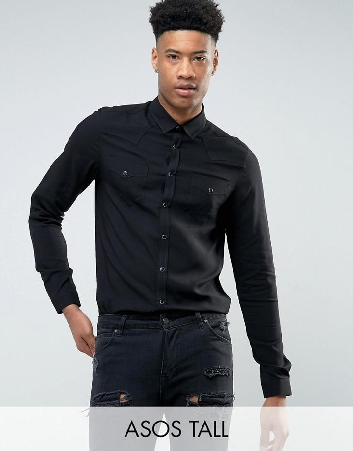 Asos Tall Regular Fit Viscose Western Shirt In Black - Black