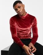 Asos Design Muscle Long Sleeve T-shirt In Burgundy Velour With Turtle Neck-red