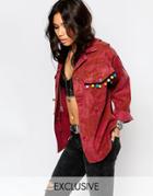 Reclaimed Vintage Oversized Military Jacket With Pom Pom Detailing On Front Pockets - Pink