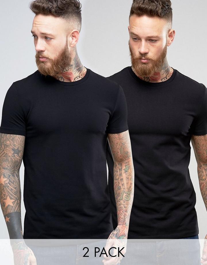 Asos 2 Pack Muscle Fit T-shirt With Crew Neck In Black - Black