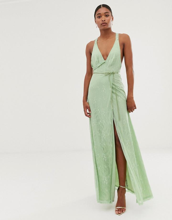 Asos Design Lace Wrap Maxi Dress With Satin Tie Belt-green