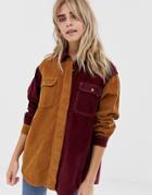 Pull & Bear Cord Color Block Shirt In Camel And Burgundy - Multi