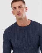 Asos Design Muscle Fit Lightweight Cable Sweater In Denim Blue - Blue