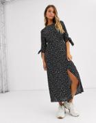 New Look Tie Sleeve Side Split Midi Dress In Mixed Polka Dot-multi