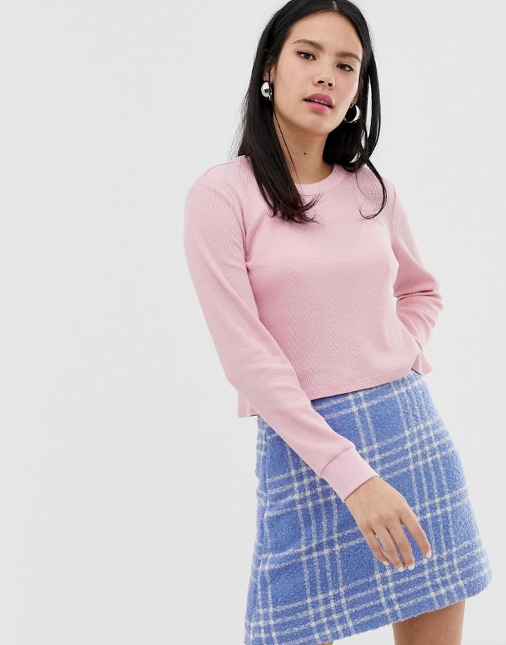 Monki Waffle Long Sleeve Top In Pink - Pink