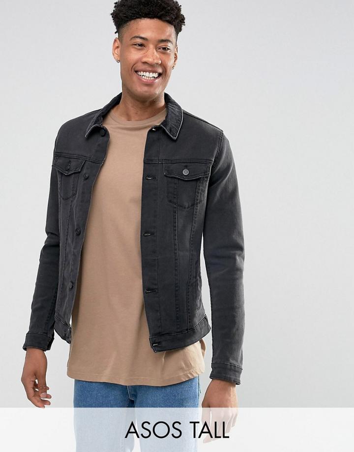 Asos Tall Denim Jacket In Skinny Fit In Black With Cord Collar - Black