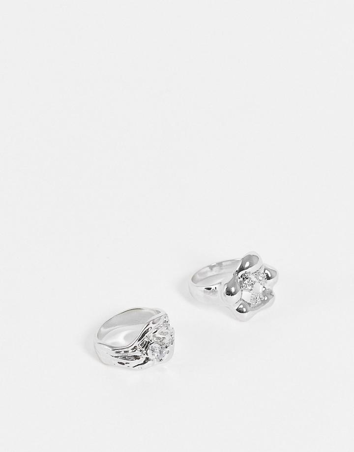 Reclaimed Vintage Inspired Unisex Grunge Molten Ring Pack In Silver