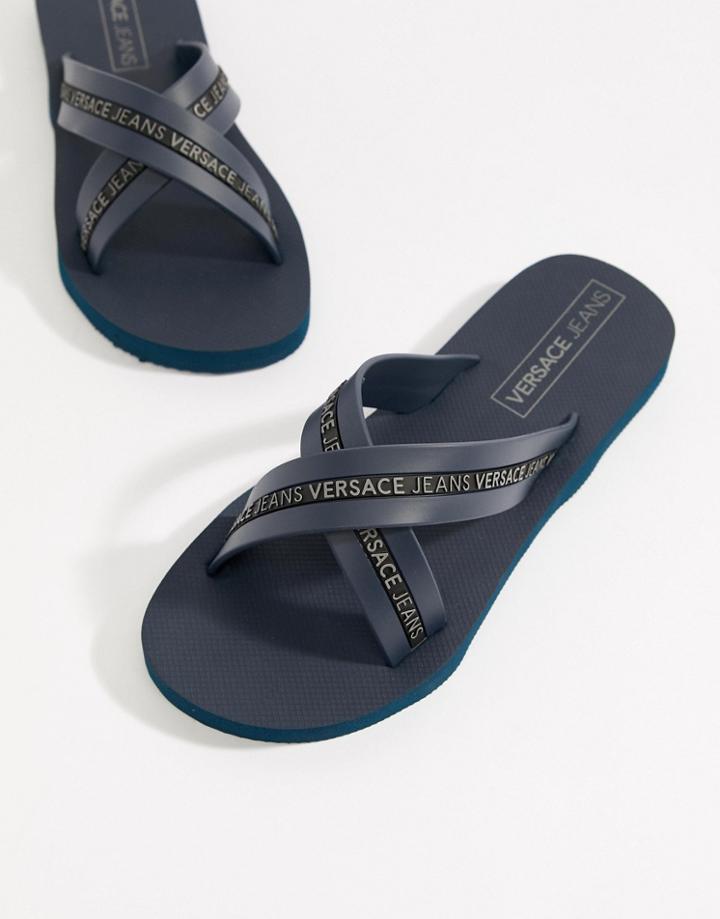 Versace Jeans Logo Cross Over Flip Flops In Navy - Navy