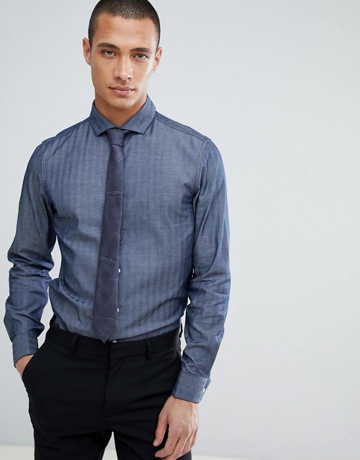Asos Design Slim Herringbone Shirt With Double Cuff & Cutaway Collar In Navy - Navy