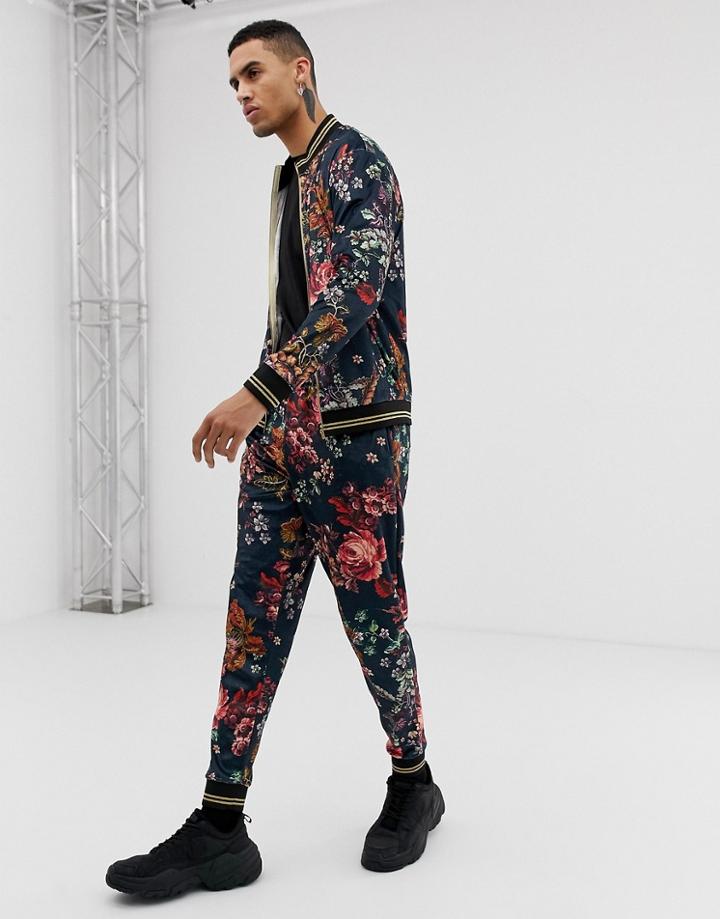 Jaded London Joggers In Velvet Floral Print - Black