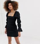 Collusion Shirred Cotton Mini Dress-black