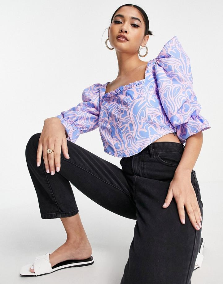 Urban Revivo Square Neck Blouse In Heart Print-pink