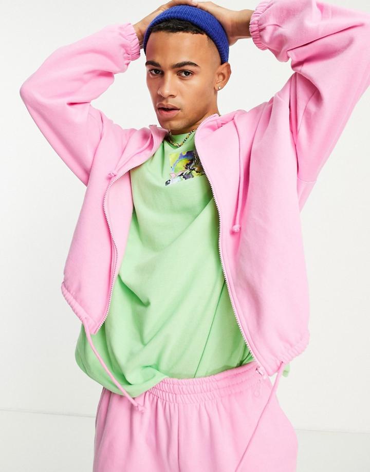 Asos Design Oversized Cropped Zip Up Hoodie In Pink - Part Of A Set