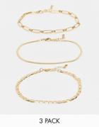 Asos Design Pack Of 3 Anklets In Mixed Link And Herringbone Chains In Gold Tone