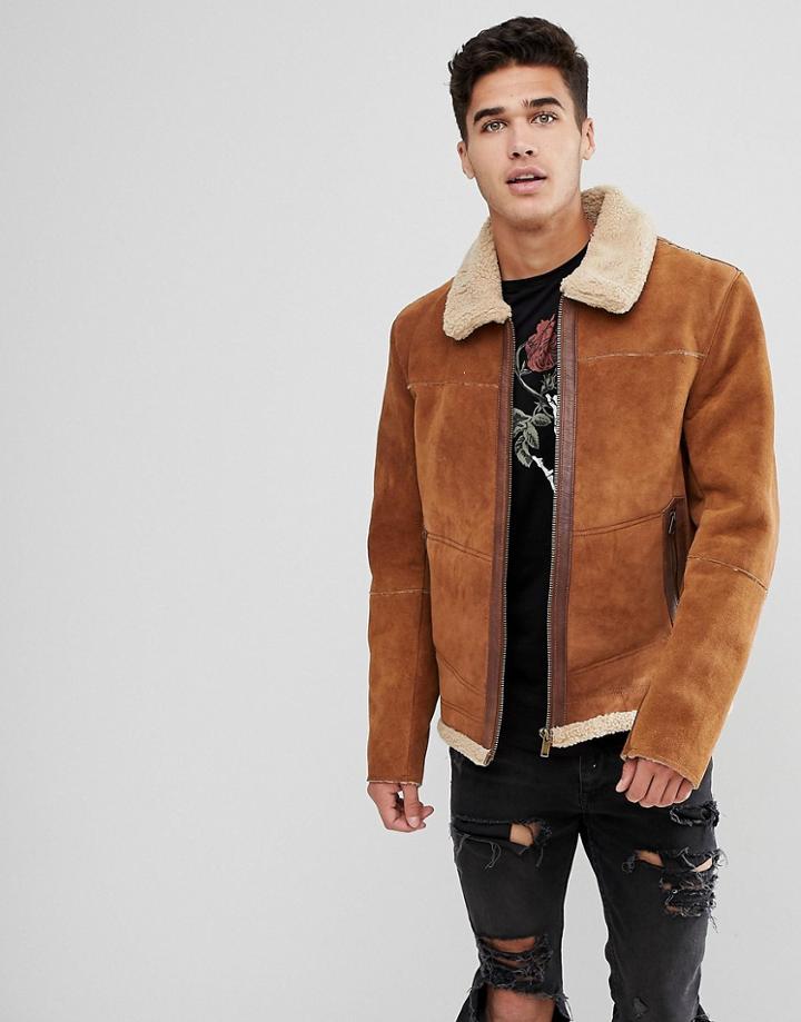 Stradivarius Suede Biker Jacket In Tan - Beige