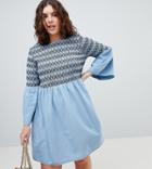Asos Design Curve Denim Smock Dress With Embroidery In Midwash Blue - Blue